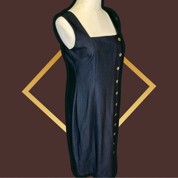 NWT Calvin Klein Navy Blue Chambray Asymmetric Gold Button Up Sheath Dress Sz 4 - Picture 16 of 16